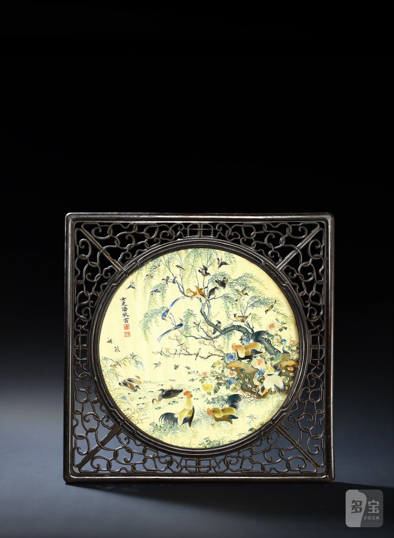 潘秋云粤绣花鸟插屏 - 图2